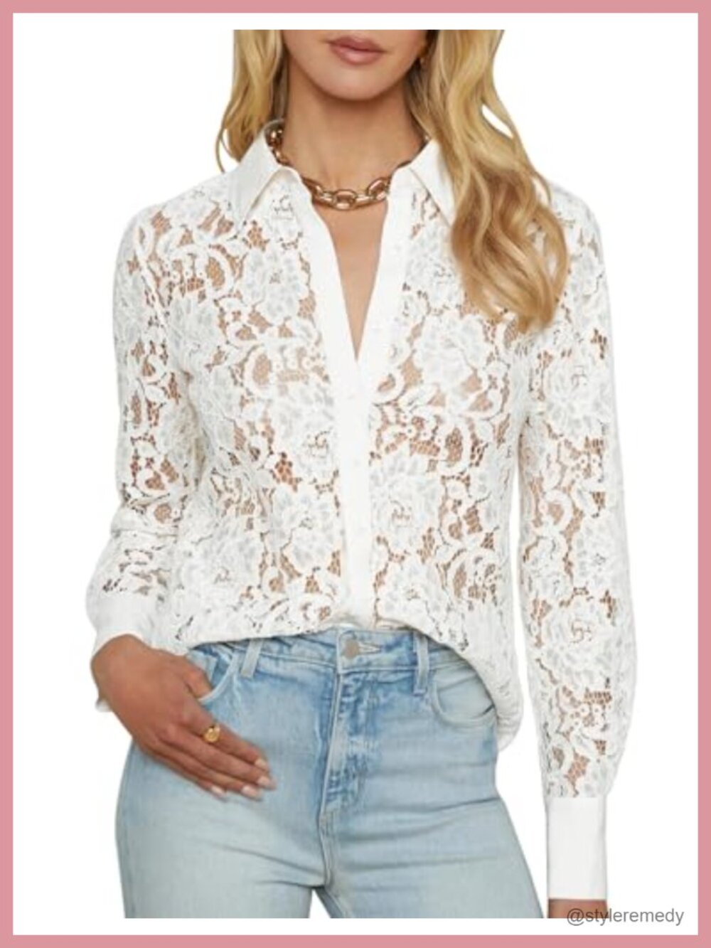 Lace Button Down Blouse Long Sleeve V-Neck Sheer Dressy Casual Work Top